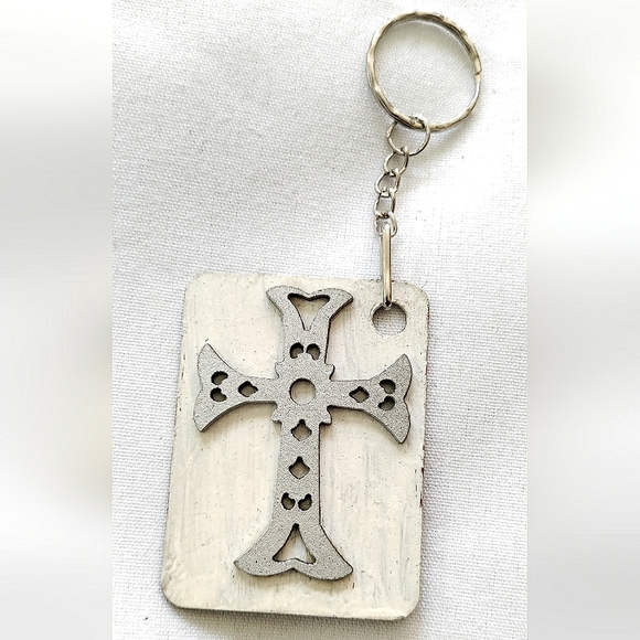 NEW Handmade Keychain Bag Tag! Italian Wood Sei Due6, Victorian Steampunk Cross - Picture 3 of 6